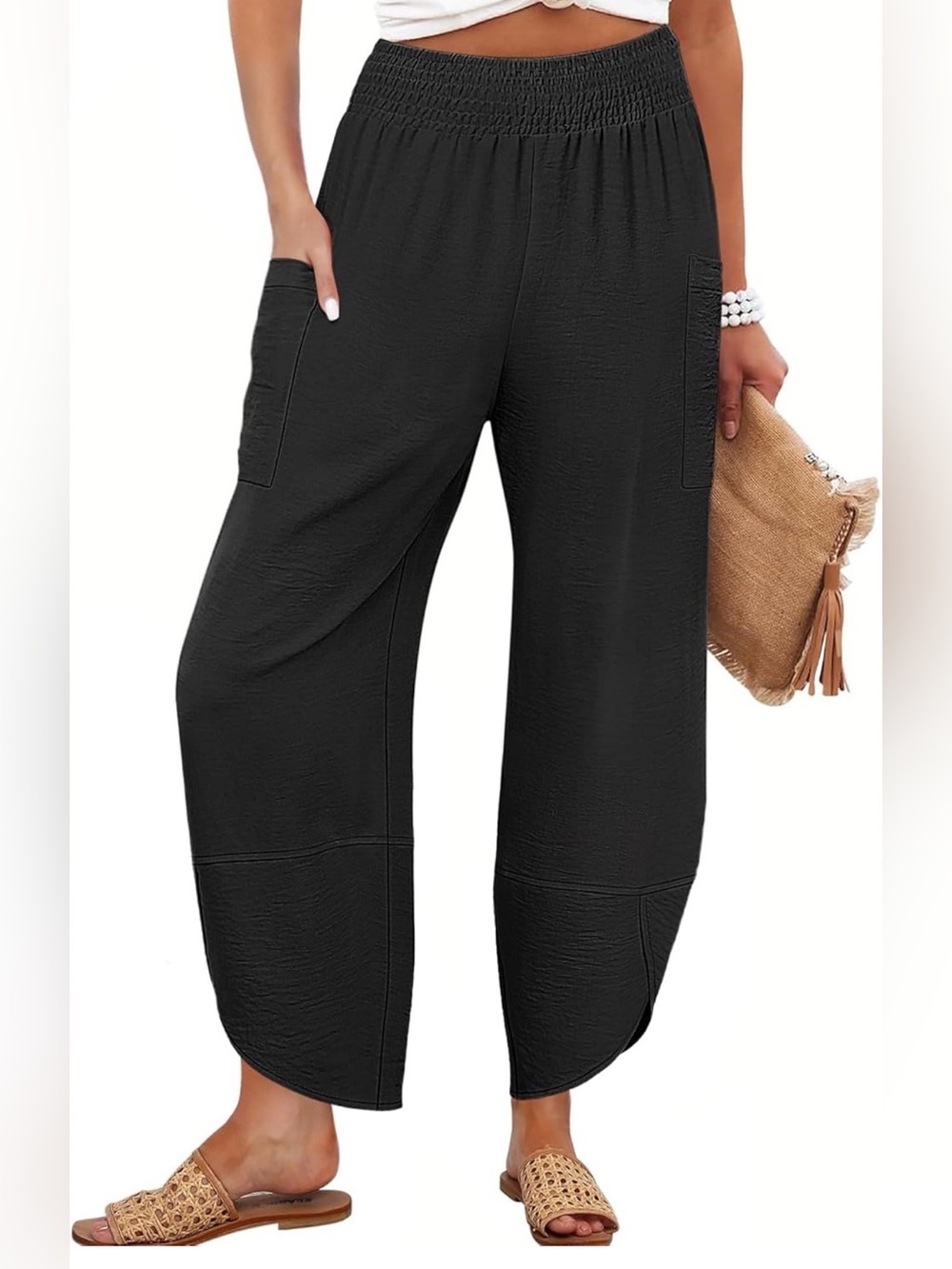 Wide-Leg Black Elastic-Waist Cargo Pocket Pants new with tags never worn